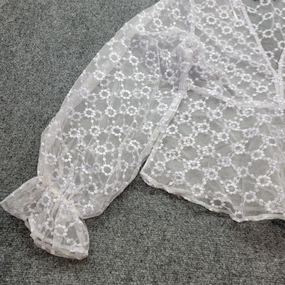 Zara Lavender Floral Lace Sheer V-Neck Peplum Blouse Balloon Sleeve Small